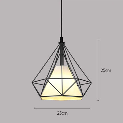 Suspension cage diamant noire avec schéma des dimensions : Ø 25 cm et hauteur 25 cm