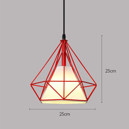 Suspension cage diamant rouge avec schéma des dimensions : Ø 25 cm et hauteur 25 cm