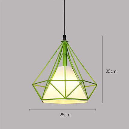 Suspension cage diamant verte avec schéma des dimensions : Ø 25 cm et hauteur 25 cm