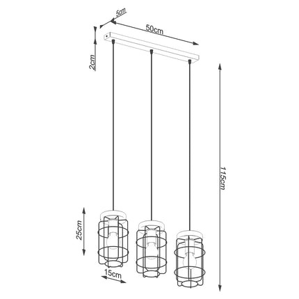 Schéma des dimensions de la suspension Cage Industrielle 3 lumières : 50 x 115 cm, cages 15 x 25 cm