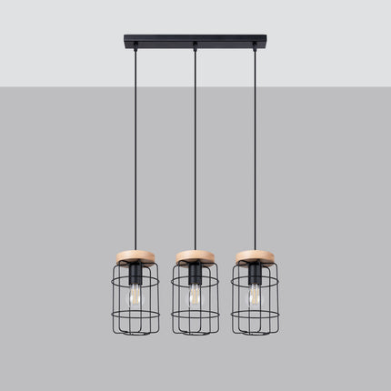 Suspension Cage Industrielle 3 lumières en acier noir et bois naturel, vue de face sur fond neutre