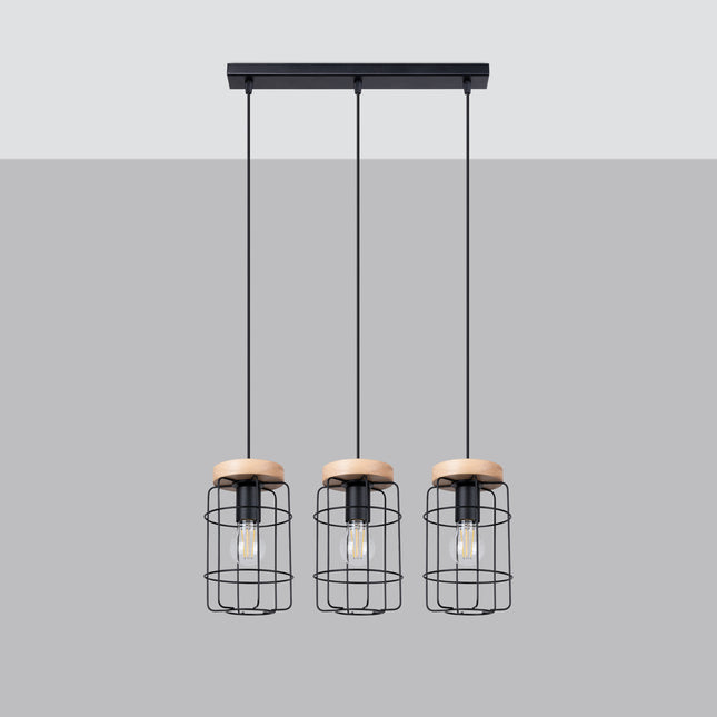 Suspension Cage Industrielle 3 lumières en acier noir et bois naturel, vue de face sur fond neutre