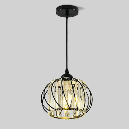 Suspension cage en métal noir et cristal présentée seule, allumée