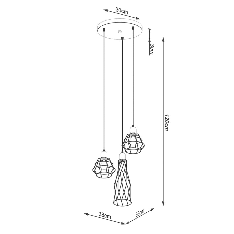 Dimensions Suspension Cage Moderne 3 Lumières Acier Noir