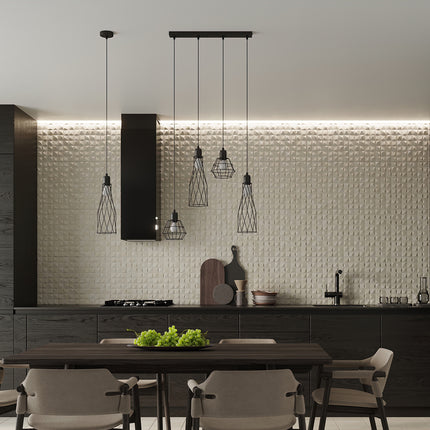 Détail de la rosace de plafond et des câbles de la suspension Cage Moderne 3 lumières noire