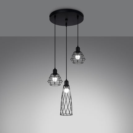 Suspension Cage Moderne 3 lumières noire vue de face, ampoules visibles à travers les cages