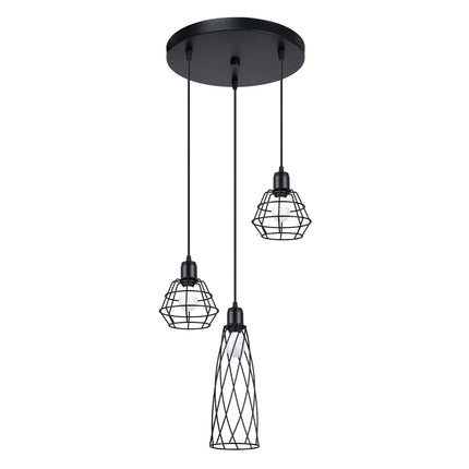 Suspension Cage Moderne 3 lumières noire en acier, trois cages filaires à hauteurs échelonnées