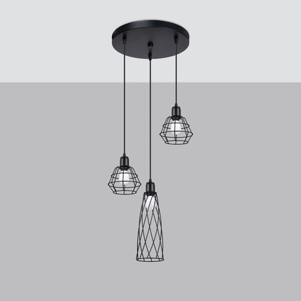 Vue de profil de la suspension Cage Moderne 3 lumières noire, cages en acier à mailles croisées
