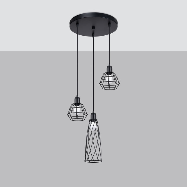 Vue de profil de la suspension Cage Moderne 3 lumières noire, cages en acier à mailles croisées