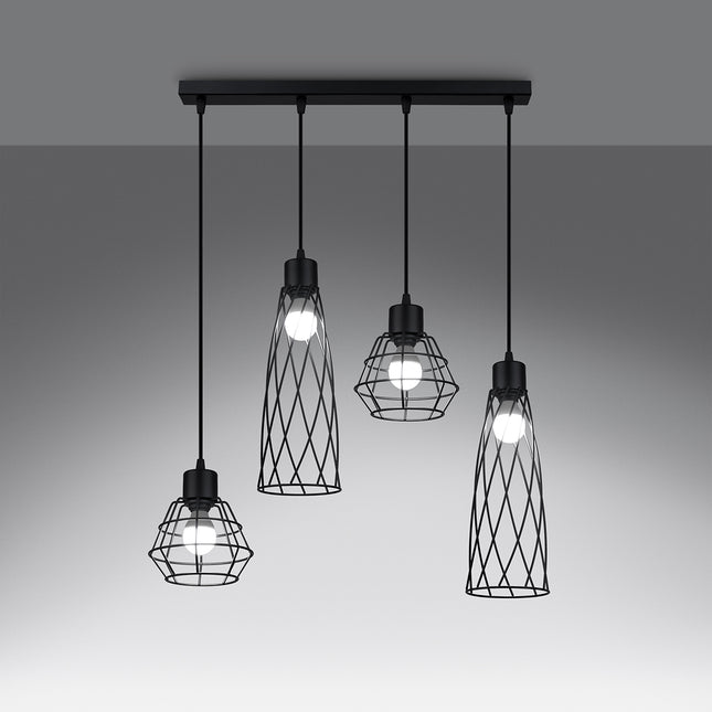 Suspension Cage Moderne 4 lumières noire vue de face, ampoules visibles à travers les cages