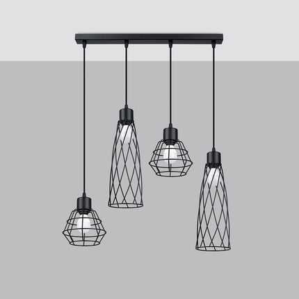 Vue de profil de la suspension Cage Moderne 4 lumières noire, cages en acier à mailles croisées