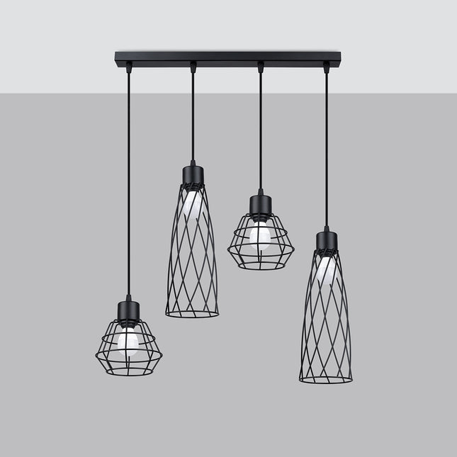 Vue de profil de la suspension Cage Moderne 4 lumières noire, cages en acier à mailles croisées
