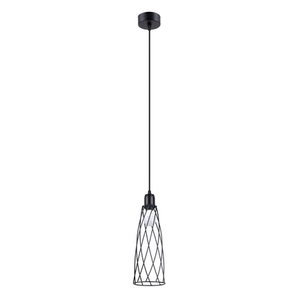 Suspension Cage Moderne noire en acier, cage conique filaire et long câble textile noir
