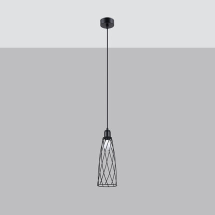 Vue de profil de la suspension Cage Moderne noire, cage en acier conique à mailles croisées