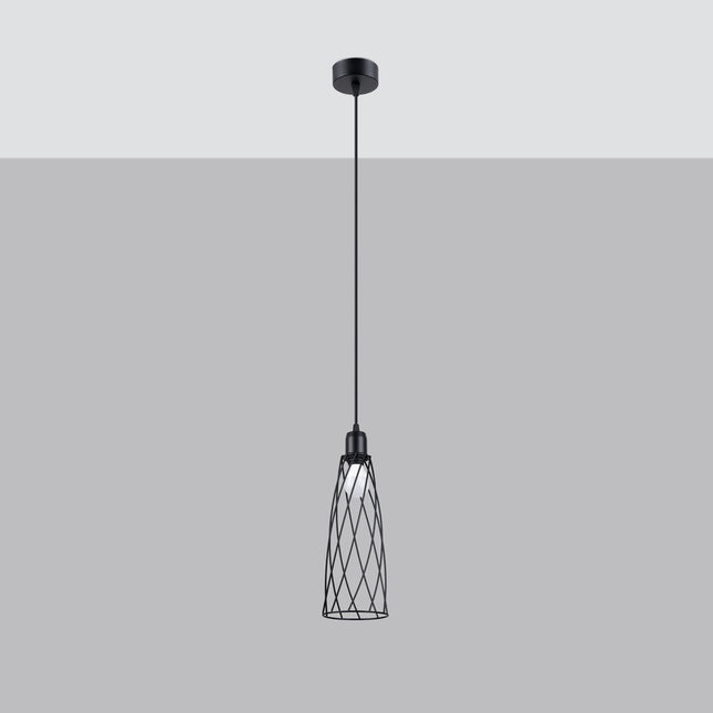Vue de profil de la suspension Cage Moderne noire, cage en acier conique à mailles croisées