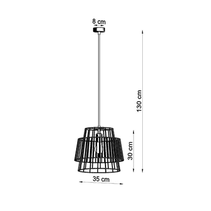 Schéma coté de la suspension cage : diamètre 35 cm, hauteur 130 cm, abat-jour 30 cm et rosace 8 cm.
