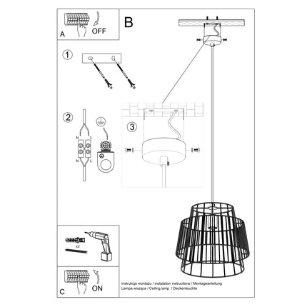Schéma de montage au plafond de la suspension cage : rosace, raccordement électrique et fixation par chevilles.