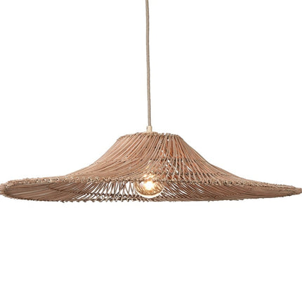 Suspension Cancun en rotin naturel tressé, vue de profil sur fond blanc, ampoule E27 apparente