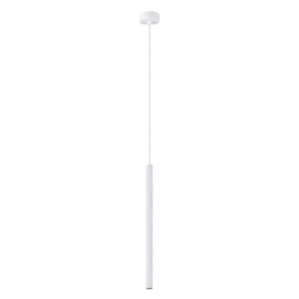 Suspension design cannelée blanche à une lumière, vue de face sur fond blanc, tube en acier strié.