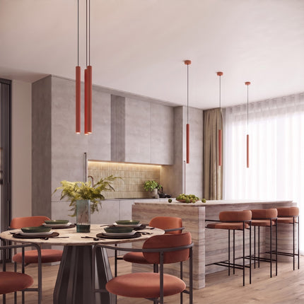 Suspension Cannelée 1 Lumière acier ocre rouge au-dessus d'un îlot de cuisine