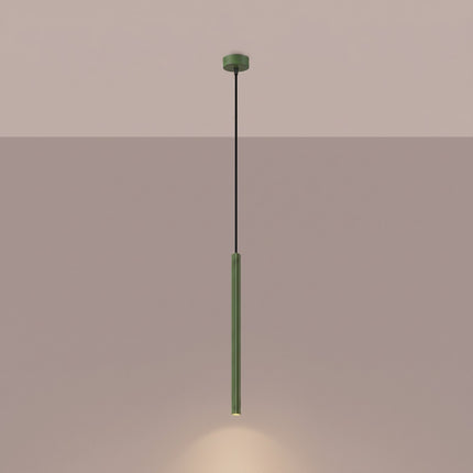Suspension Cannelée 1 Lumière acier vert olive allumée, faisceau resserré