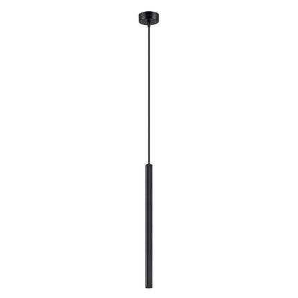 Suspension design cannelée noire à une lumière, vue de face sur fond blanc, tube en acier strié.