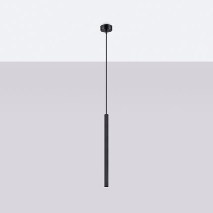 Suspension cannelée noire, vue de profil montrant le tube strié et le câble de suspension réglable.