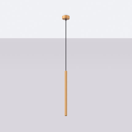 Suspension cannelée dorée, vue de profil montrant le tube strié et le câble de suspension réglable.