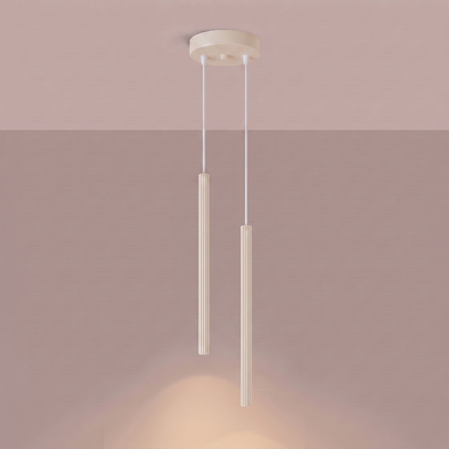 Suspension Cannelée 2 Lumières acier beige clair allumée, faisceau resserré