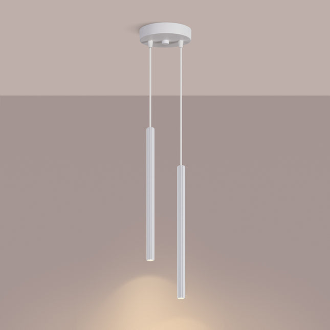 Suspension Cannelée 2 Lumières Acier Blanche, lumière allumée