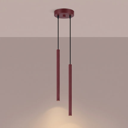 Suspension Cannelée 2 Lumières acier bordeaux allumée, faisceau resserré