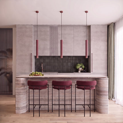 Suspension Cannelée 2 Lumières acier bordeaux au-dessus d'une table à manger