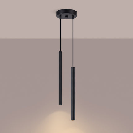 Suspension Cannelée 2 Lumières Acier Noire, lumière allumée