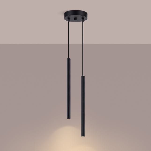 Suspension Cannelée 2 Lumières Acier Noire, lumière allumée