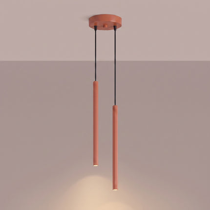 Suspension Cannelée 2 Lumières acier ocre rouge allumée, faisceau resserré