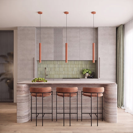 Suspension Cannelée 2 Lumières acier ocre rouge au-dessus d'une table à manger