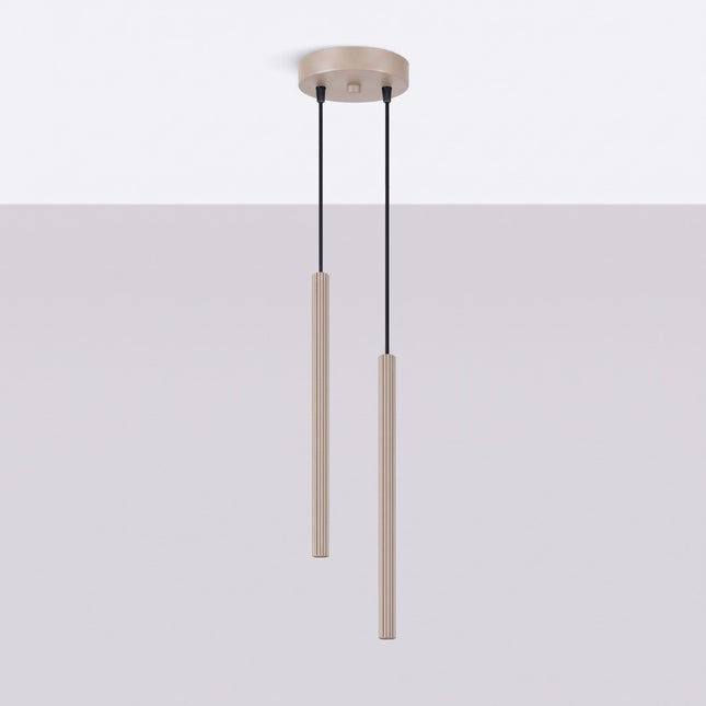 Suspension Cannelée 2 Lumières acier taupe, vue en situation sur fond clair