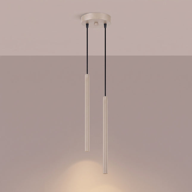 Suspension Cannelée 2 Lumières acier taupe allumée, faisceau resserré