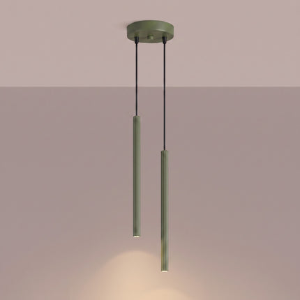 Suspension Cannelée 2 Lumières acier vert olive allumée, faisceau resserré