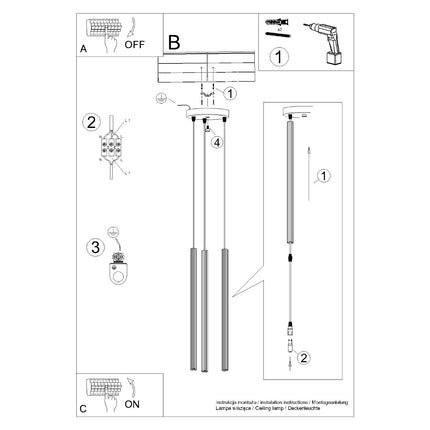 Schéma technique de la suspension cannelée blanche 3 lumières, câbles, rosace et culots G9.
