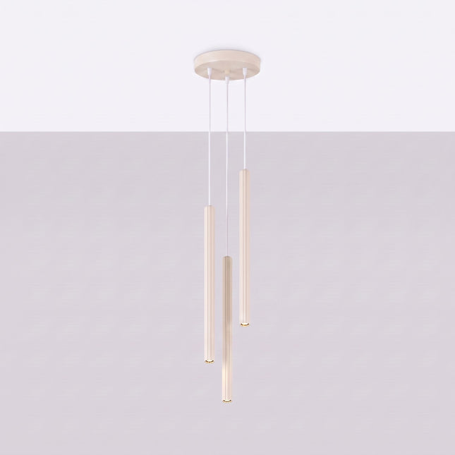 Suspension Cannelée 3 Lumières acier beige clair, vue en situation sur fond clair