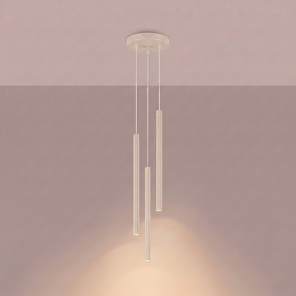 Suspension Cannelée 3 Lumières acier beige clair allumée, faisceau resserré