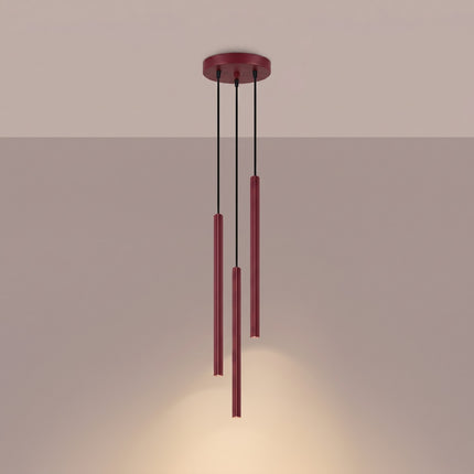 Suspension Cannelée 3 Lumières acier bordeaux allumée, faisceau resserré