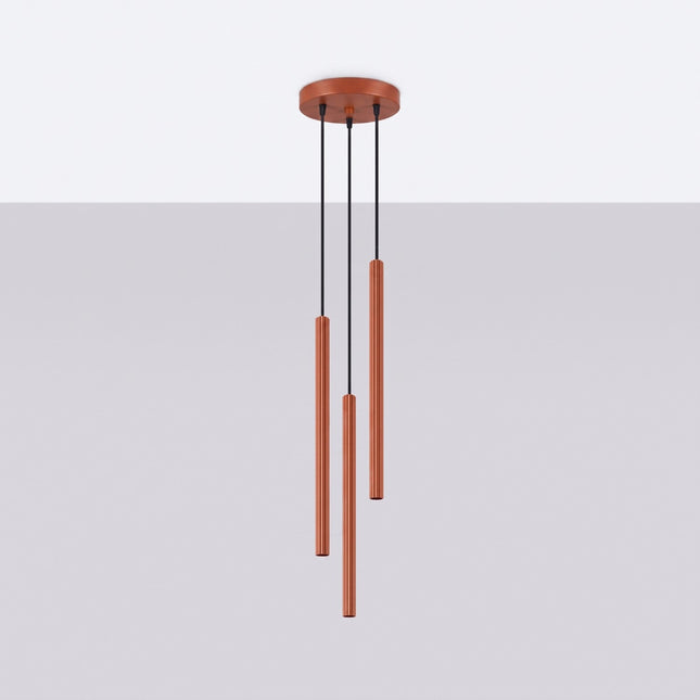 Suspension Cannelée 3 Lumières acier ocre rouge, vue en situation sur fond clair