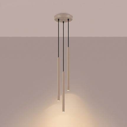 Suspension Cannelée 3 Lumières acier taupe allumée, faisceau resserré