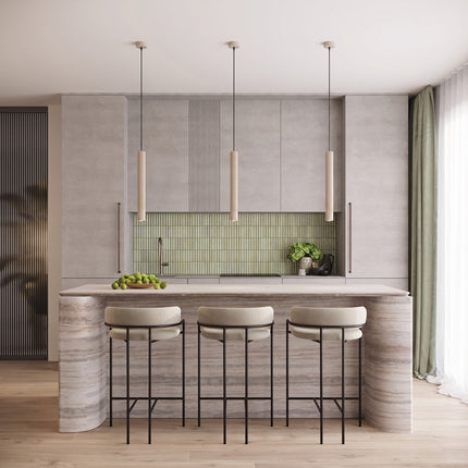 Suspension Cannelée 3 Lumières acier taupe au-dessus d'une table à manger