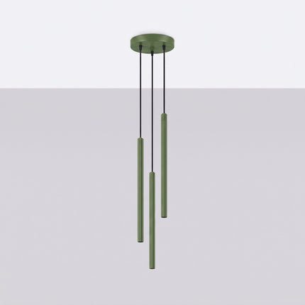 Suspension Cannelée 3 Lumières acier vert olive, vue en situation sur fond clair