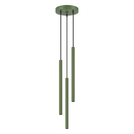 Suspension Cannelée 3 Lumières acier vert olive, packshot sur fond blanc