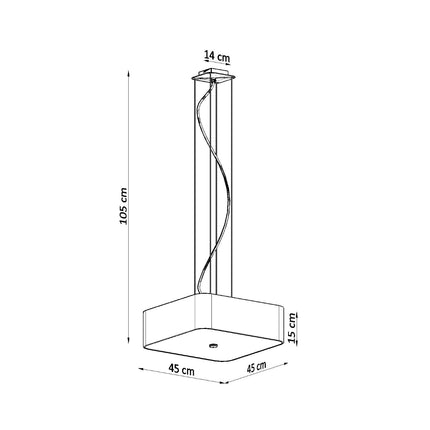Schéma coté de la suspension carrée blanche : abat-jour 45 x 45 x 15 cm, hauteur totale 105 cm
