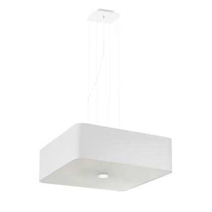 Suspension carrée blanche en tissu 45 cm suspendue à quatre câbles, diffuseur en verre, fond blanc